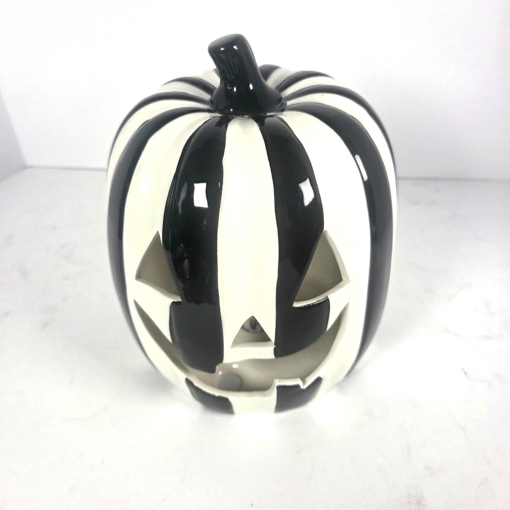 Jack O Lantern Lane Light Up Pumpkin 8.5 Inch Black White Striped Halloween - Picture 3 of 7